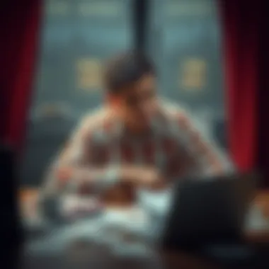 A disappointed bettor sits at a table surrounded by betting slips and a laptop, showing frustration over unexpected results and lost bets.