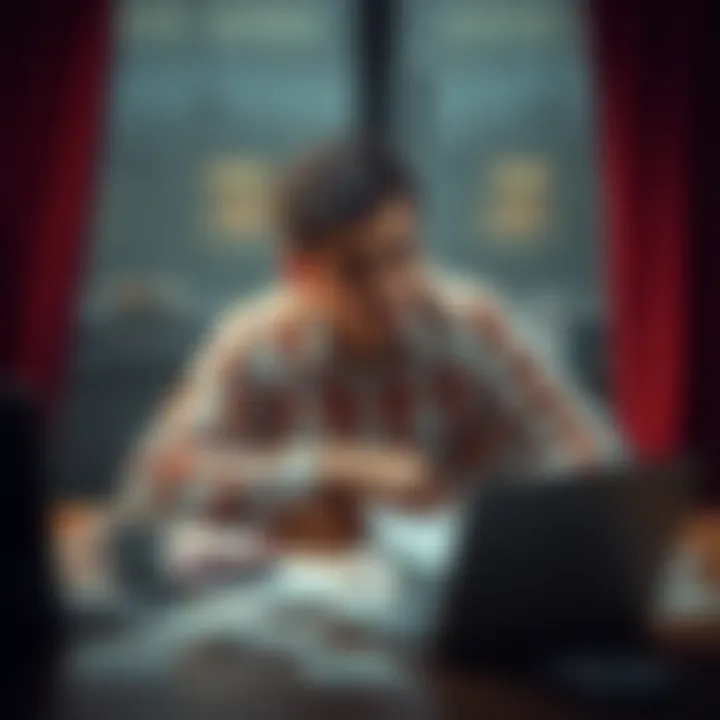 A disappointed bettor sits at a table surrounded by betting slips and a laptop, showing frustration over unexpected results and lost bets.