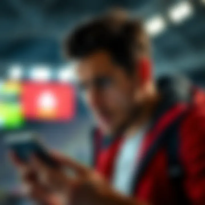 A frustrated bettor stares at a closed betting app on their phone, showing a time delay message. The bettor looks confused and worried about their parlay bet.