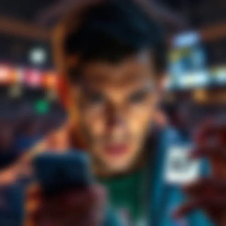 A sports bettor looks frustrated while viewing a smartphone screen showing a limit of $7 on NBA bets during playoffs.