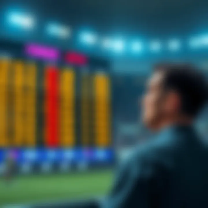 A disappointed bettor stares at a scoreboard, reflecting on a lost 13-leg bet by just one yard, showing sadness and disbelief.