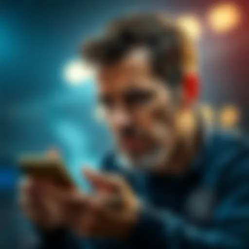 Frustrated bettor looking at losing bets A frustrated bettor stares at his phone showing multiple lost bets on a sports app, with a gloomy expression on his face