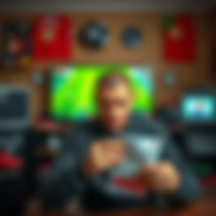 Frustrated bettor after Portugal's loss A man looking disappointed while holding a betting slip, surrounded by soccer-related items and a TV showing a soccer match, symbolizing his frustration with the team's performance and Ronaldo's failu...