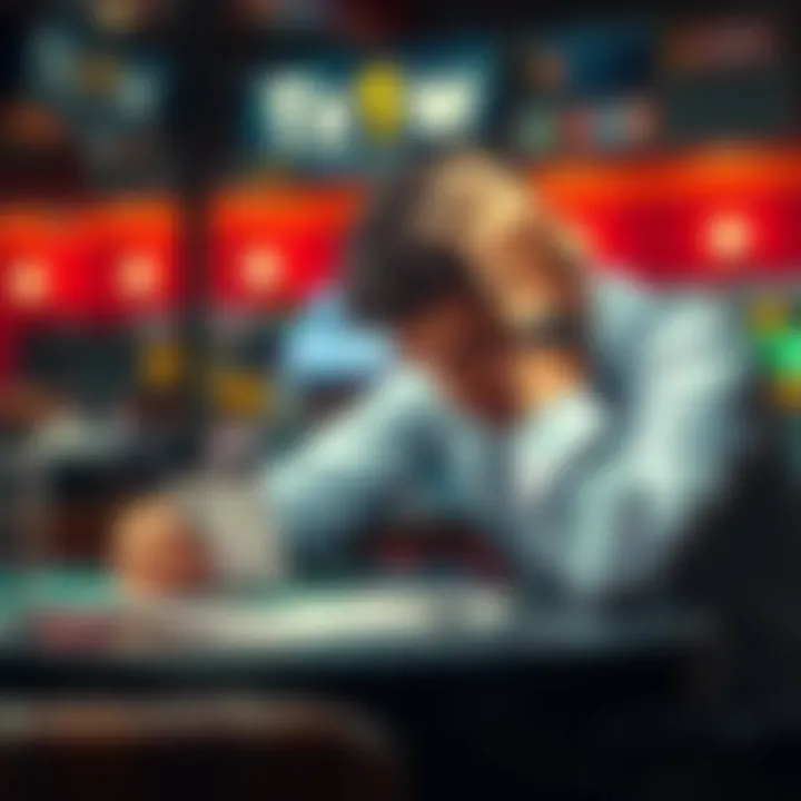 A person sitting at a table with a disappointed expression, looking at betting slips and holding their head in frustration, representing the aftermath of a gambling loss.