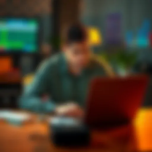 Frustrated bettor reviewing losses A person sitting at a desk with a laptop, looking upset while analyzing financial losses from gambling.