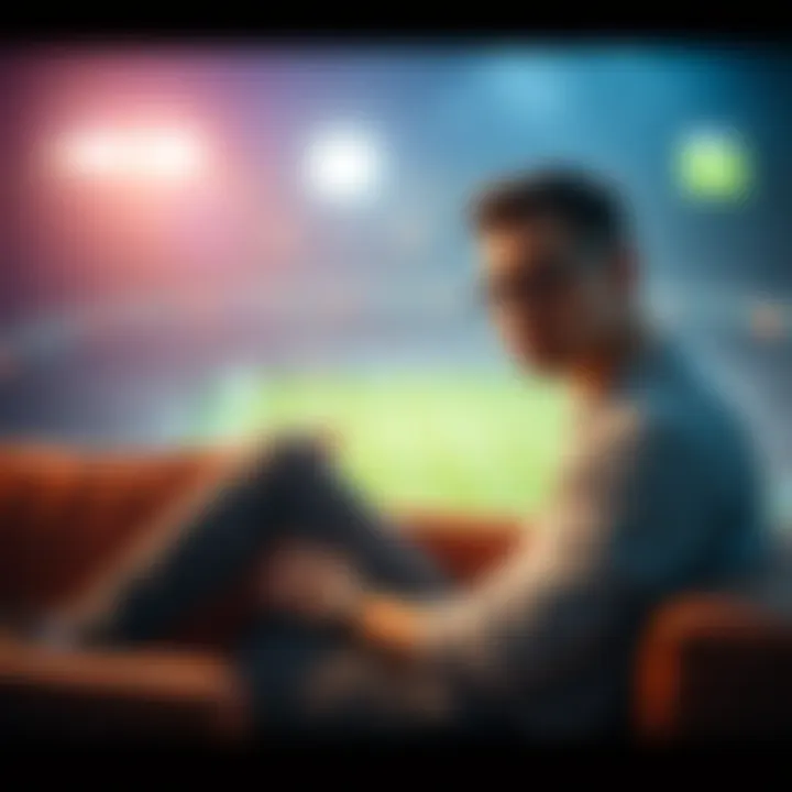 A disappointed bettor sitting on a couch, watching a soccer game with a worried expression, reflecting on lost bets