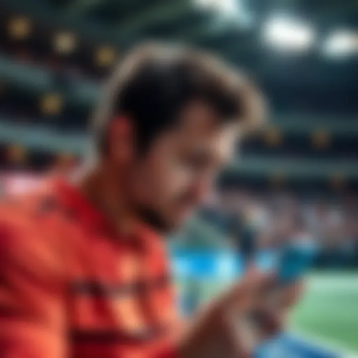 A man looks upset while checking his betting app during a tennis match, highlighting the tension of live betting.