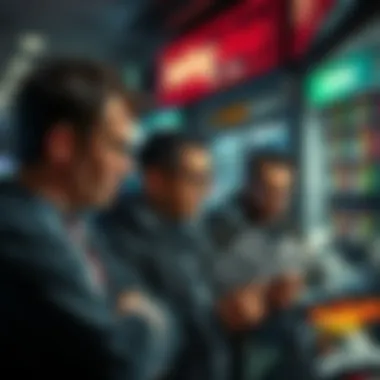 A group of frustrated bettors looking at betting slips with disappointment in a betting shop