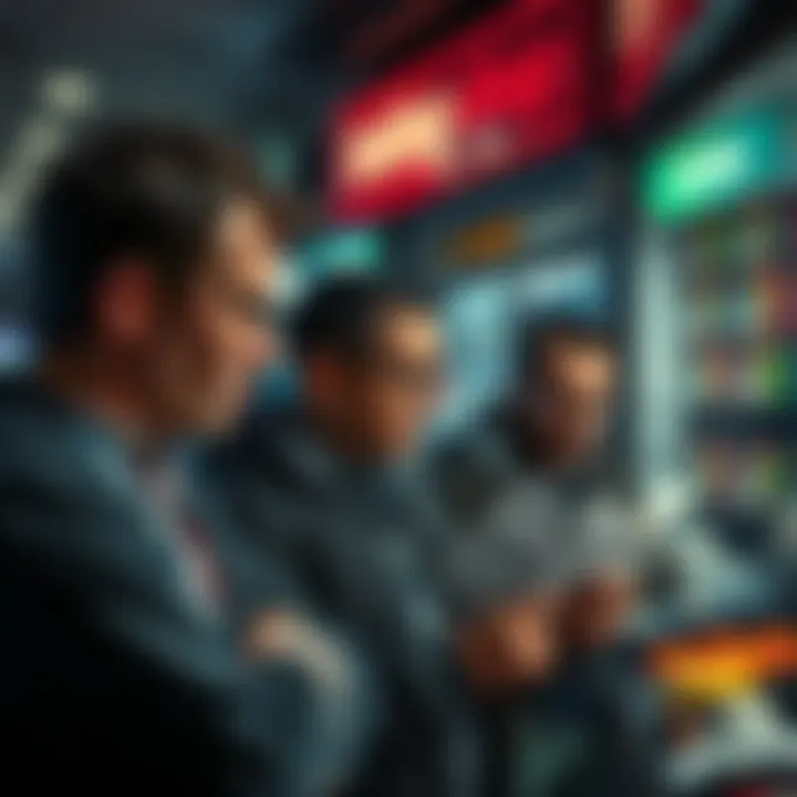 A group of frustrated bettors looking at betting slips with disappointment in a betting shop