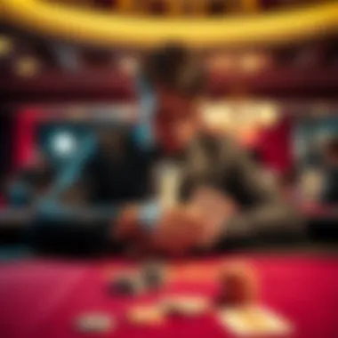 A player looking disappointed at a Blackjack table, with a dealer showing a winning hand, surrounded by cards and chips.