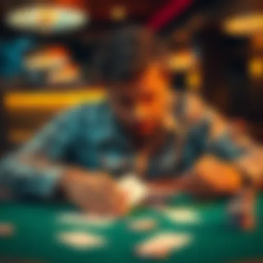 A person sitting at a blackjack table looking upset after losing money, with cards and chips scattered on the table.