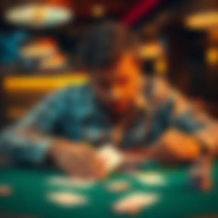 Frustrated Blackjack Player A person sitting at a blackjack table looking upset after losing money, with cards and chips scattered on the table.