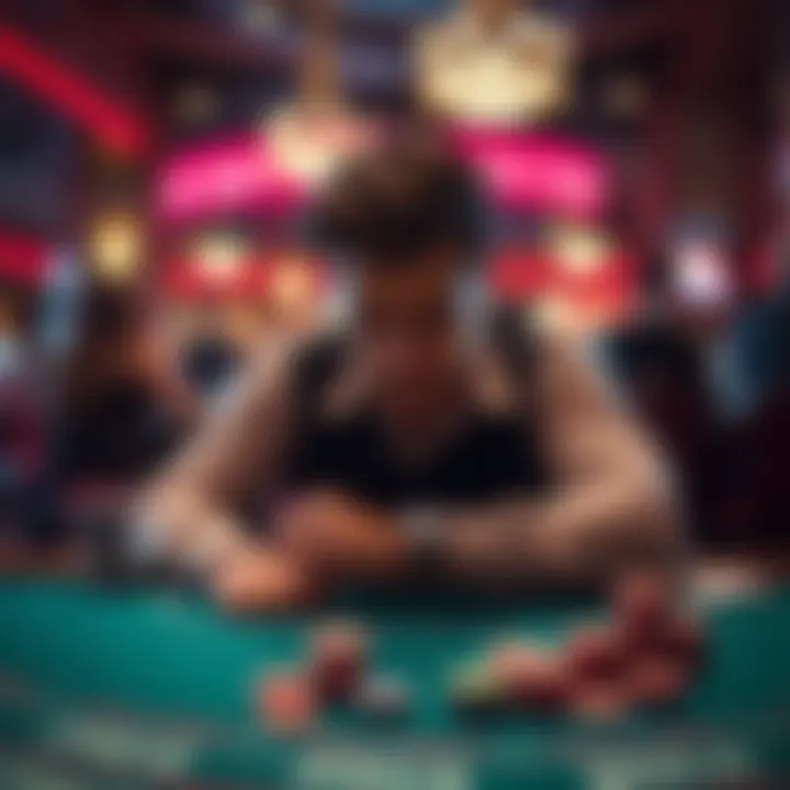 A tense blackjack player sitting at a table, looking disheartened after a series of losses, with empty chips in front of him.