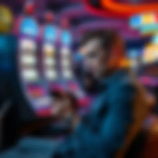 A disappointed man sitting in front of a casino slot machine, looking at his empty wallet, reflecting on lost money at Gains.com.