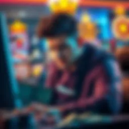 A person sitting at a computer looking frustrated while playing online slots, with dollar bills scattered around them.