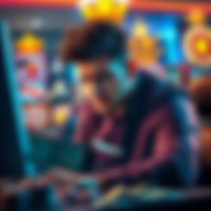 A person sitting at a computer looking frustrated while playing online slots, with dollar bills scattered around them.