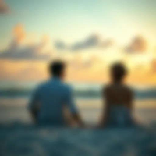 A couple sitting apart on a beach during their honeymoon, looking upset and disconnected from each other.