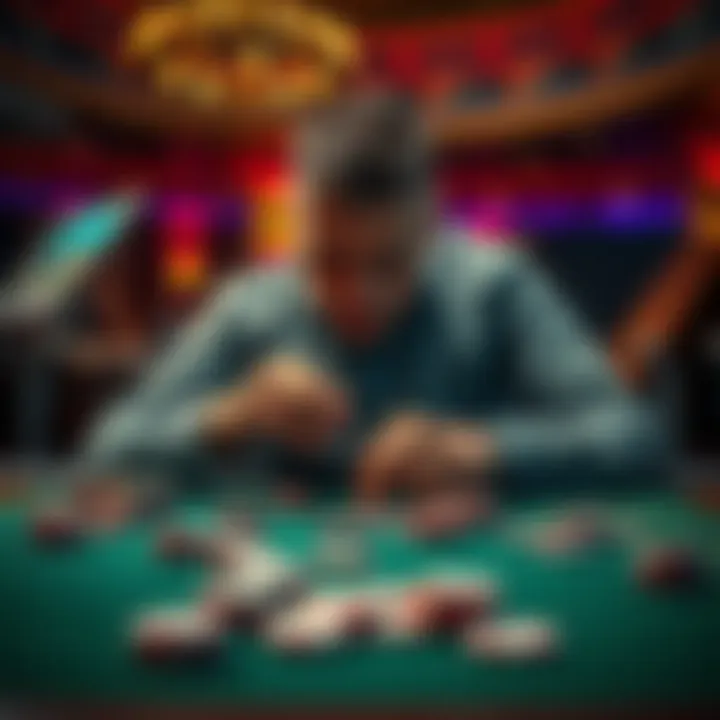 Frustrated Craps Player A craps player looks upset at the table after losing a bet, with dice in hand and chips scattered around.