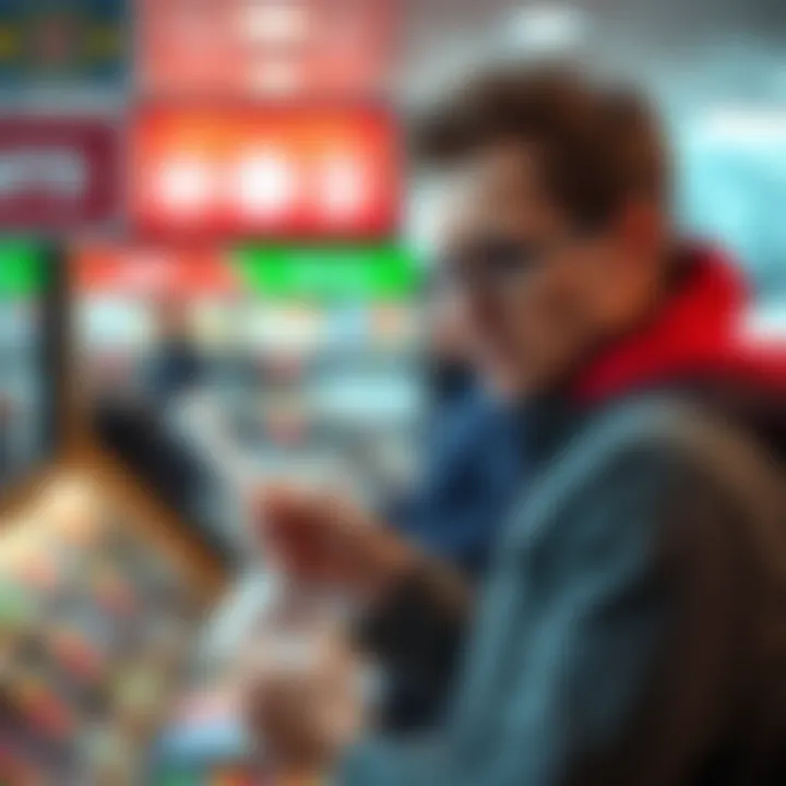 A customer expressing frustration at a betting shop after a winning bet was changed to a loss, holding a receipt and looking confused.