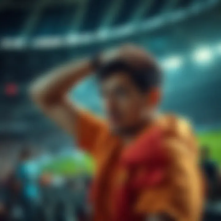 A disappointed fan in a stadium, holding their head in frustration as their team plays without scoring. The excitement of the match is evident, but the fan's expression shows concern over a player's p...