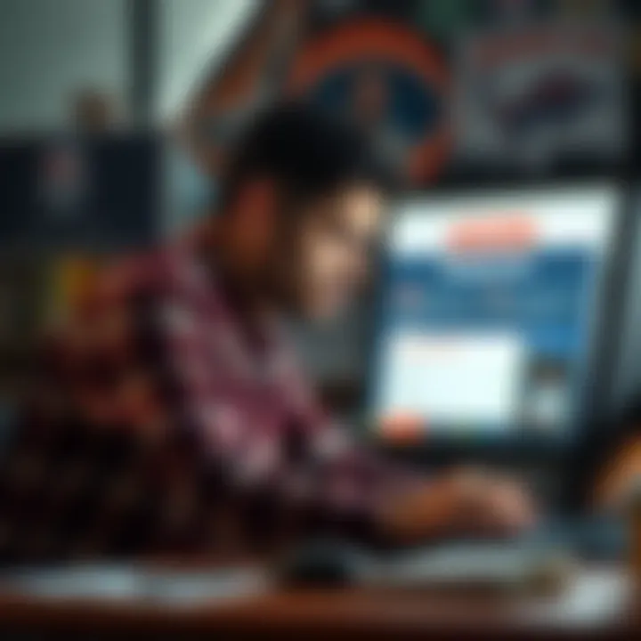A disgruntled FanDuel customer sitting at a computer, looking frustrated while checking the Rewards Club program on the screen.