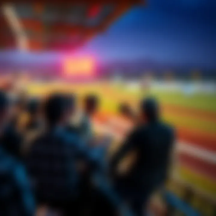 A group of disappointed horse racing fans at a track, discussing the absence of Kentucky Derby winners in the Preakness Stakes