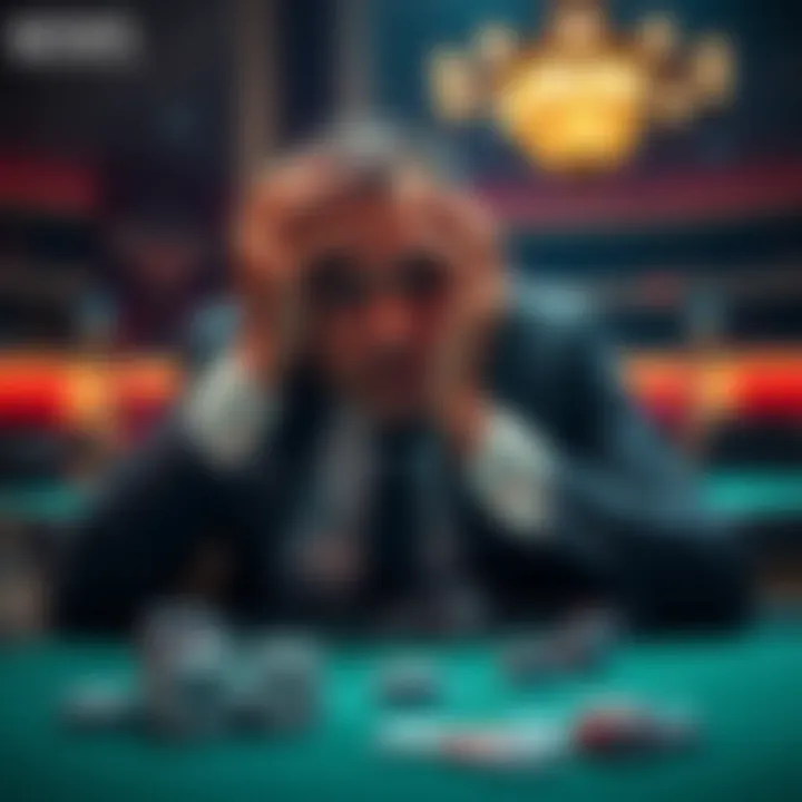 Frustrated gambler holding head A frustrated gambler sitting at a table with his head in his hands, reflecting on a lost bet