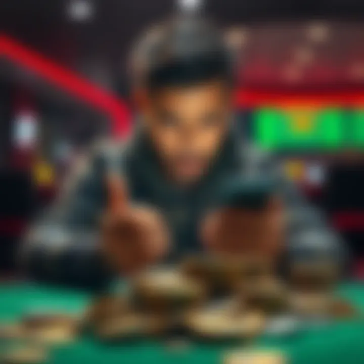 A person looking disappointed while checking their betting results on a phone, with a pile of coins in front of them.