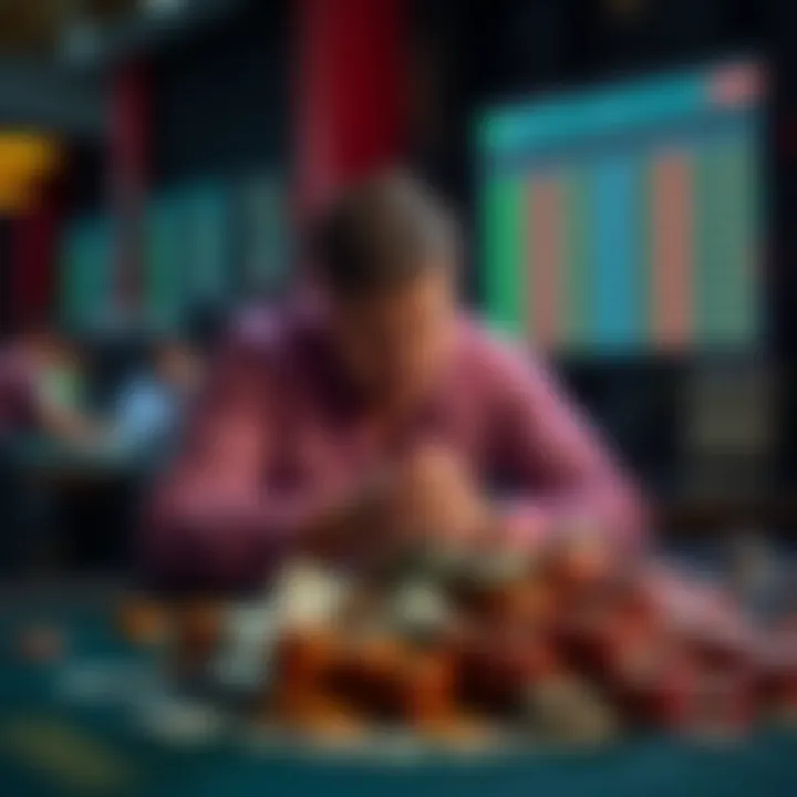 A frustrated gambler sitting at a table with piles of cash, looking disappointed after not winning any bets, with a computer screen displaying betting results in the background.