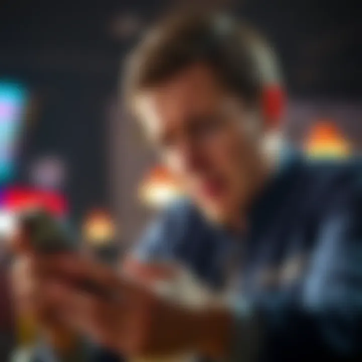 A frustrated person staring at a smartphone, showing disappointment over low returns from a betting site