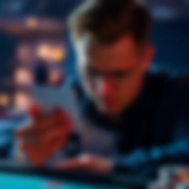 A gambler looks distressed while holding a gaming card, reflecting on a disappointing victory, symbolizing the pressure and frustration of gambling.