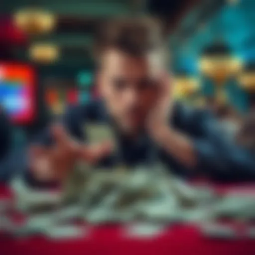 A person looking upset while reviewing lost betting slips at a table, with money scattered around.