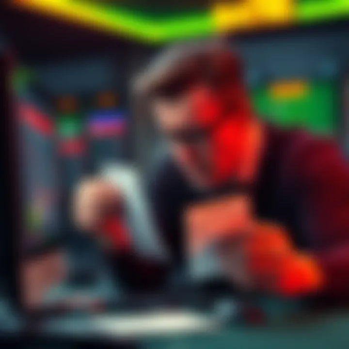 Frustrated Gambler A person looking dejected while holding a betting slip and staring at a computer screen showing losses.