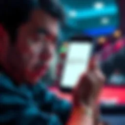 A frustrated person looking at a smartphone, showing a betting app screen with error message, expressing disappointment