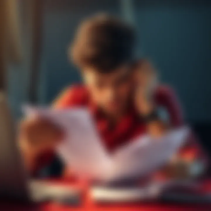 A person appears frustrated while examining betting slips and a laptop, showing signs of confusion and disappointment in their betting choices.