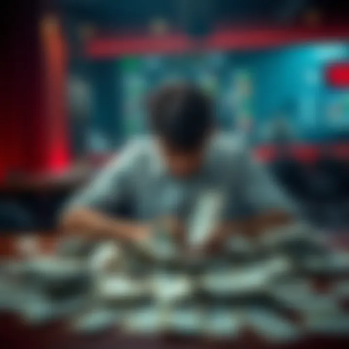 A person sitting at a table with their head in their hands, surrounded by empty betting slips, symbolizing sadness and loss in gambling