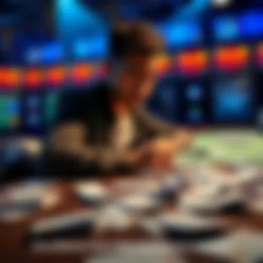 A person looking disappointed at a betting table with sports betting slips scattered around.