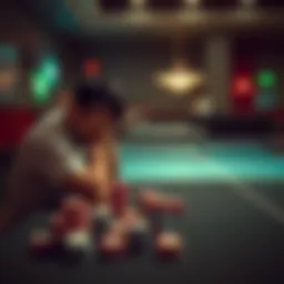A frustrated person sitting at a betting table with their head in their hands, surrounded by gambling chips and a ping pong table in the background.