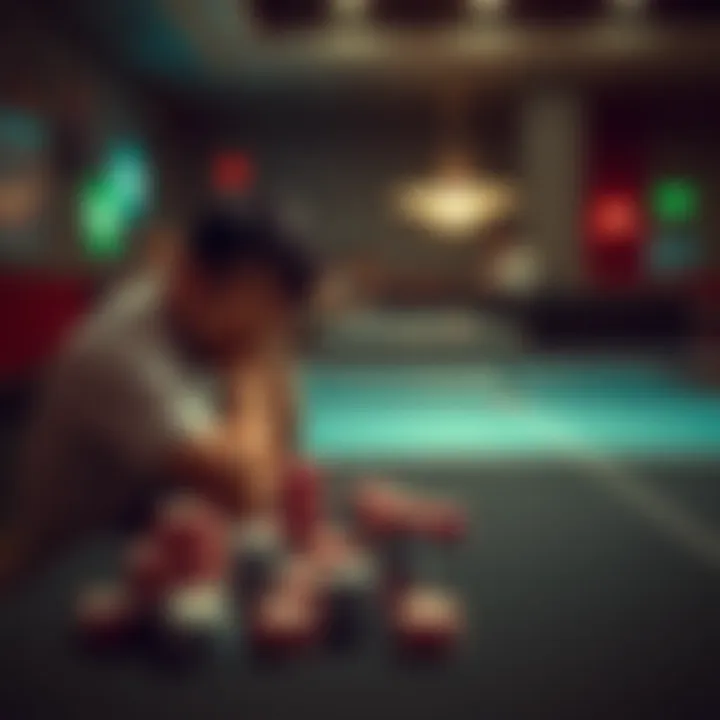 A frustrated person sitting at a betting table with their head in their hands, surrounded by gambling chips and a ping pong table in the background.