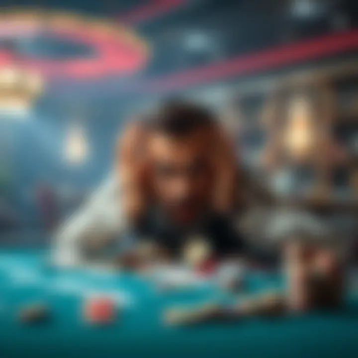 A man showing frustration at a betting table, with cards scattered and chips in disarray, representing losses in gambling.