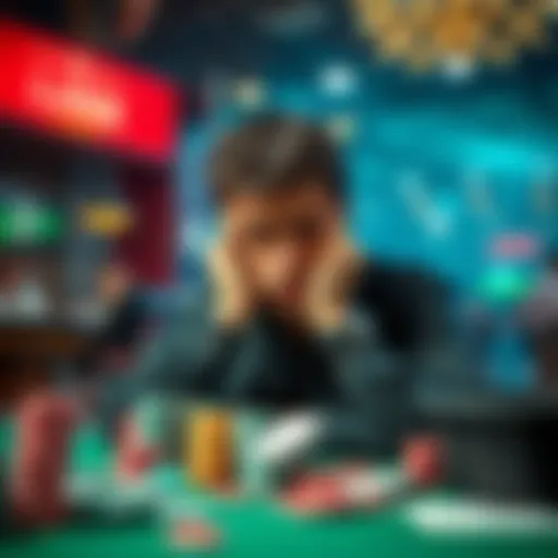 A person looking stressed at a betting table, surrounded by chips and cards, expressing frustration with their bets