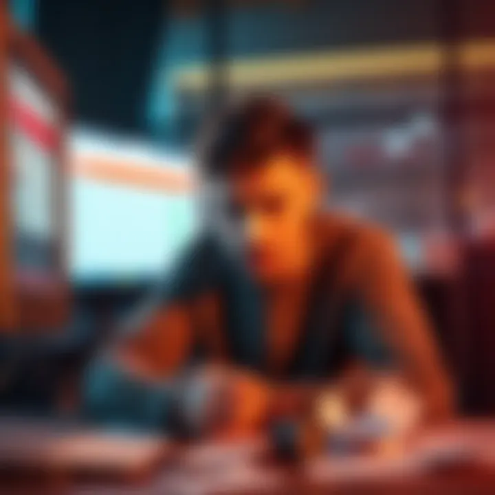 A frustrated person sitting in front of a computer, staring at a screen showing a blocked betting account, with a concerned expression and scattered betting slips around them