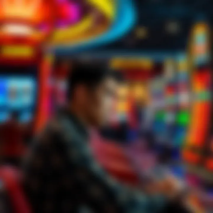 A person looking disappointed while sitting at a slot machine in a casino, surrounded by bright lights and colorful machines