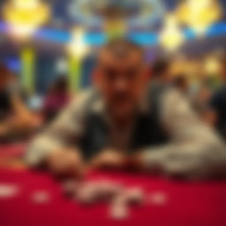 A stressed man sits at a casino table with empty chips in front of him, showing his disappointment after losing money quickly, while other players continue gambling around him.