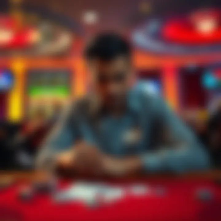Frustrated gambler at a casino A person sitting at a casino table looking disappointed after losing money, with cards and chips in front of them.