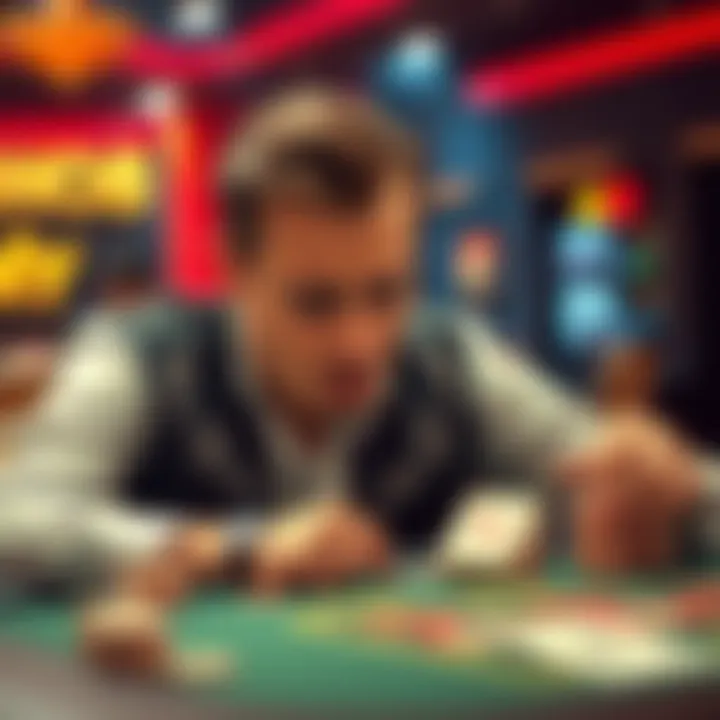 A gambler looks disappointed at a casino table after losing money.