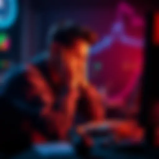 A person showing frustration while playing online gambling games at their computer, with their head in their hands and a dark atmosphere around them.