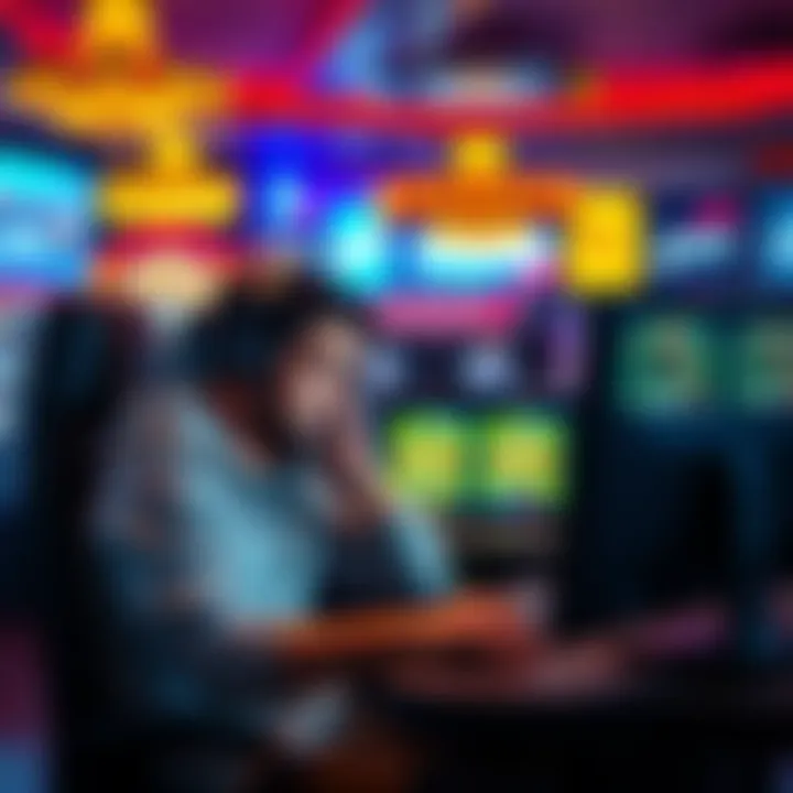 Frustrated gambler sitting at a computer A frustrated gambler at a computer with casino games, showing signs of disappointment and fatigue.