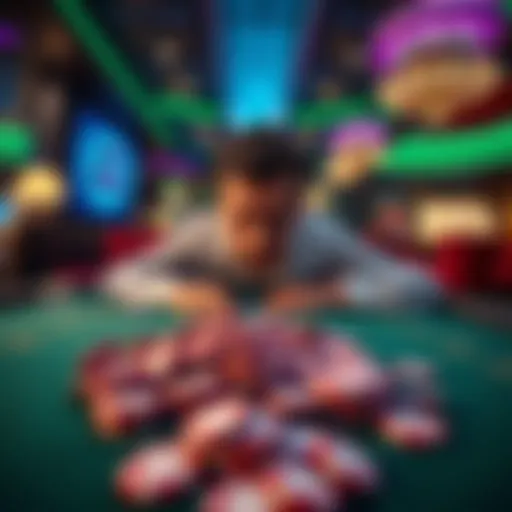 A gambler looks disappointed at a craps table in a casino, with lost chips spread out in front of him.