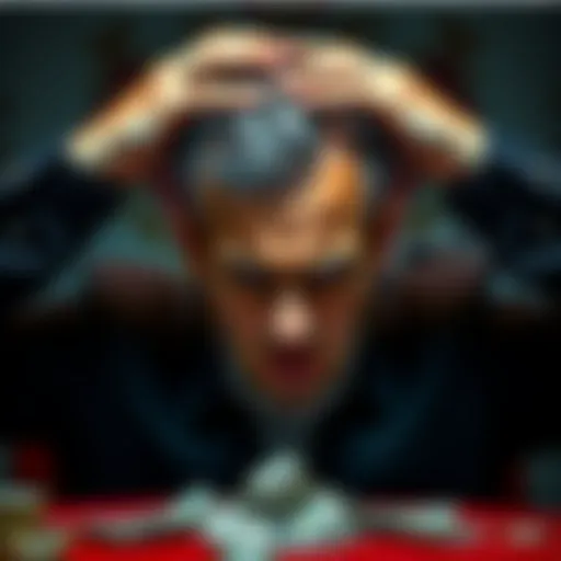 A frustrated man with his hands on his head, showing disappointment after losing a bet, with a backdrop of betting slips and cash.